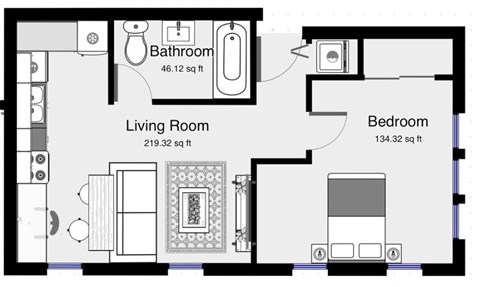 A floor plan of a room with a living room, bathroom and bedroom.